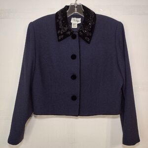 Rimini Cropped Navy Blazer with Black Sequin Collar Size (12)